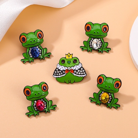 Cartoon Frog Brooch Pin Alloy Enamel Rhinestone Animal Jewelry For Clothing Bag Accessories Cute Frog Prince Style