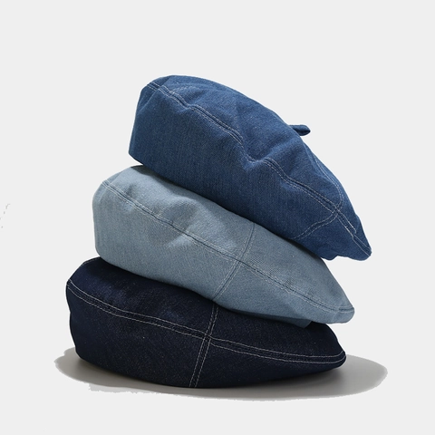 Denim Beret Hat For Women Contrast Stitching Vintage Retro French Painter Newsboy Cap Lightweight Cotton Adjustable Hat