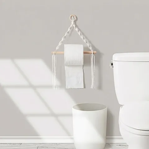 Macrame Paper Towel Holder Handmade Cotton Rope Wood Wall Tapestry Bathroom Kitchen Decor Bohemian Nordic Style