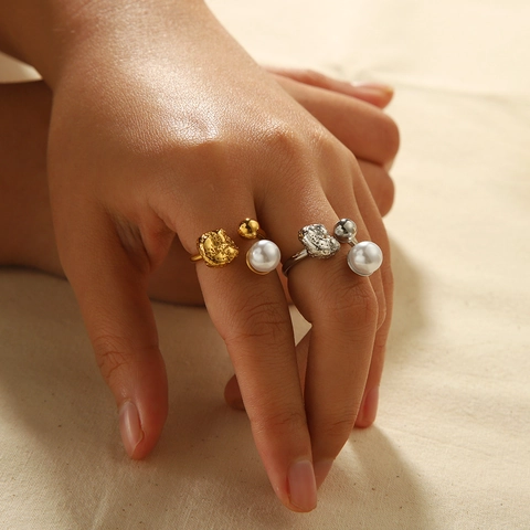 Verstelbare Open Ring 18K Verguld Roestvrij Staal Geometrische Lavatectuur Kunstparel Franse Retro Stijl Sieraden Voor Dames