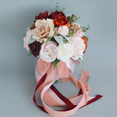 Künstlicher Hochzeitsstrauß Satinnrose Pfingstrose Blumen Mit Langen Bändern Braut Handstrauß Retro Französischer Stil