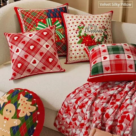 Federa Per Cuscino Di Natale Motivo A Quadri Rossi Cuore Peluche Corto Decorativo Per Divano