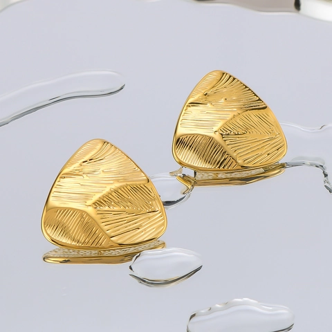 Triangle Stud Earrings Titanium Steel Geometric Leaf Texture 18K Gold Plated Minimalist Trendy Jewelry For Women