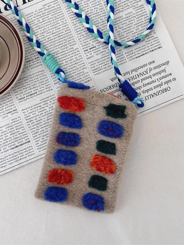 Plush Cosmetic Bag Mini Earphone Case Retro Colorful Pom Poms Small Round Square Pouch Crossbody Phone Bag For Women