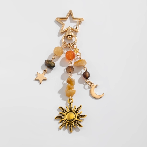 Bohemian Alloy Celestial Keychain With Natural Crushed Stone Star Moon Sun Pendants Vintage Bag Charm Accessory For Women
