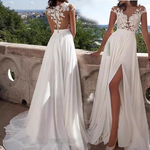 White Lace Satin Wedding Dress V-Neck High Split Elegant Sexy Open Back Artificial Pearl Buttons Evening Gown For Women
