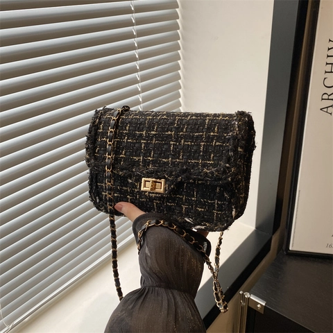Elegante Tweed Umhängetasche Für Damen Mit Metallkette Gewebte Textur Kleine Quadratische Flap Crossbody Tasche Alltagsmode