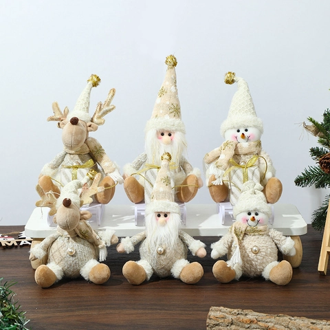 Figurines Noël Tissu Tricoté Fausse Fourrure Mousse Père Noël Bonhomme De Neige Renne Traîneau Décoration Table Nordique Or