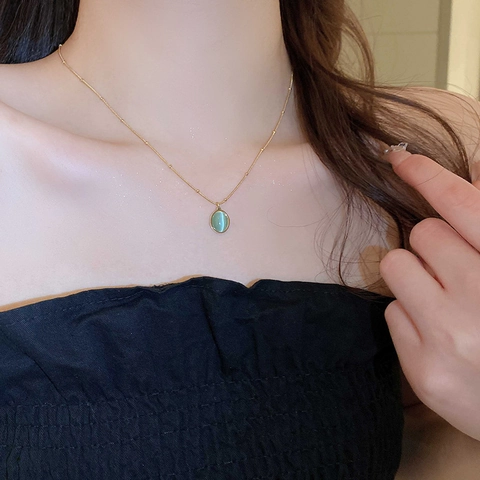 Groene Kattenoogsteen Ovalen Hanger Ketting Roestvrij Staal Verguld Kralenketting Minimalistische Vintage Sieraden Voor Dames