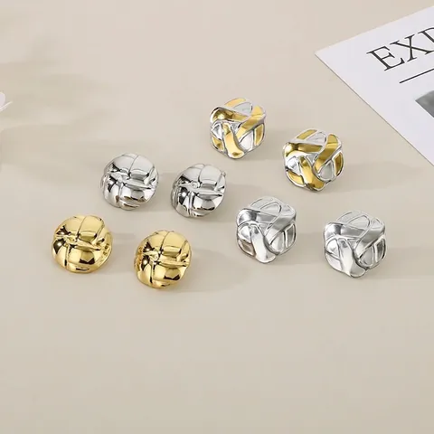 Pendientes De Botón De Acero Inoxidable Geométricos Redondos Textura Tejida Diseño De Nudo Acolchado Joyas De Moda Para Mujer