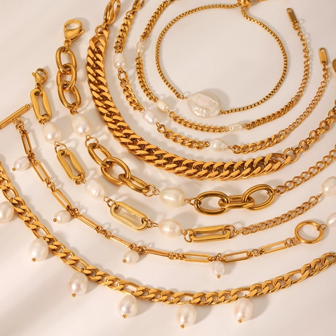 Bracciale Con Perle D'Acqua Dolce Placcato Oro Acciaio Inossidabile Catena Figaro Cubana Per Donna Gioielli Conchiglia