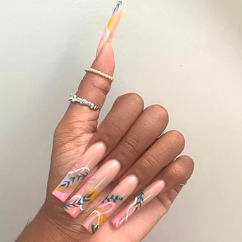 Long Coffin Press On Nails Artificial Fake Fingernails Abstract Leaf Flower Print French Style For Women