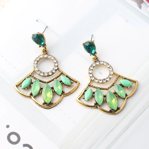 Vintage Bohemian Fan Shaped Dangle Earrings Alloy Rhinestone Artificial Gemstone Geometric Retro Style Women Jewelry