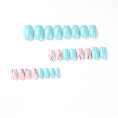 Unghie Finte Press On Blu Rosa Bianco Motivo Onde Quadrate Arrotondate Lucide Per Donna Manicure Quotidiana Decorativa