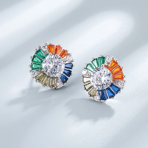 Orecchini a Bottone in Argento Sterling 925 con Zirconi Colorati Placcati Oro 18K Girasole Tondo Gioielli per Donna