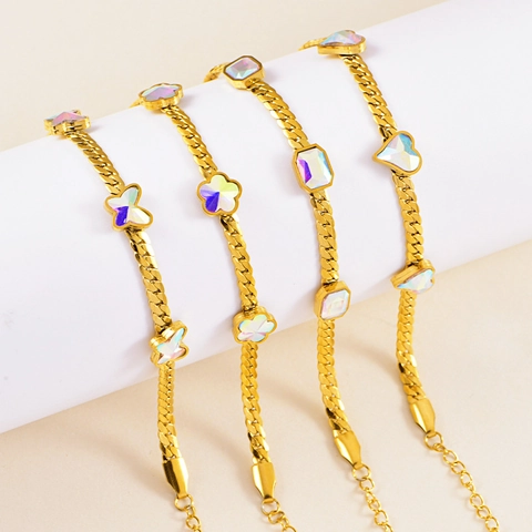 Bracelet Minimaliste en Acier Inoxydable Pierre Iridescente Papillon Cœur Fleur Chaîne Gourmette Dorée Bijoux pour Femmes