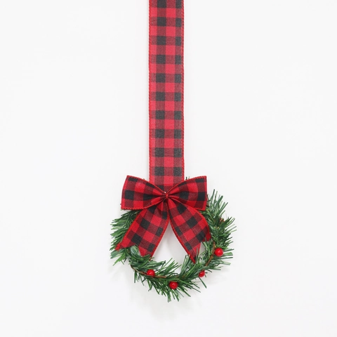 Christmas Mini Wreath Hanging Ornament Red Berries Buffalo Plaid Ribbon Bow Pine Needle Cabinet Window Wall Decoration
