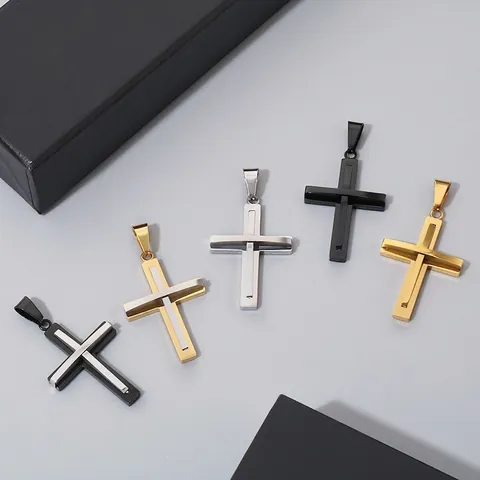 Layered Design Cross Pendant Necklace Stainless Steel Religious Hip Hop Punk Fashion Jewelry Gift For Men Boys