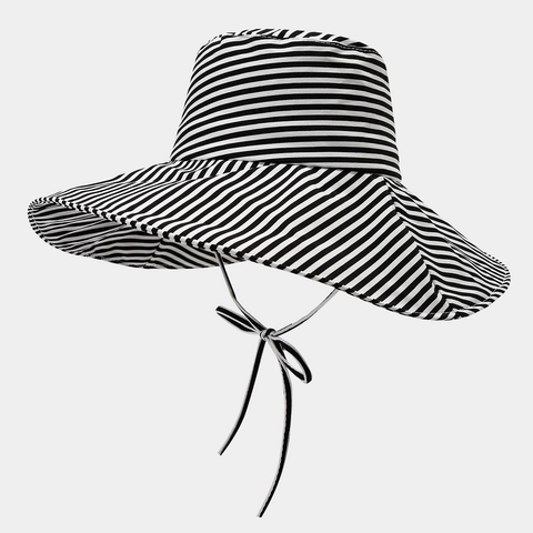 Striped Bucket Hat Wide Brim Polyester Sun Protection Outdoor Travel Adjustable Strap Japanese Style For Women