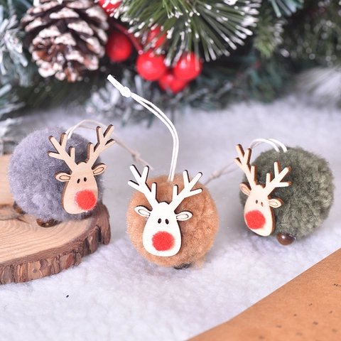 Christmas Reindeer Pompom Hanging Ornament Cute Sherpa Fleece Plush Wooden Elk Deer Pendant Festive Party Tree Scene Decoration