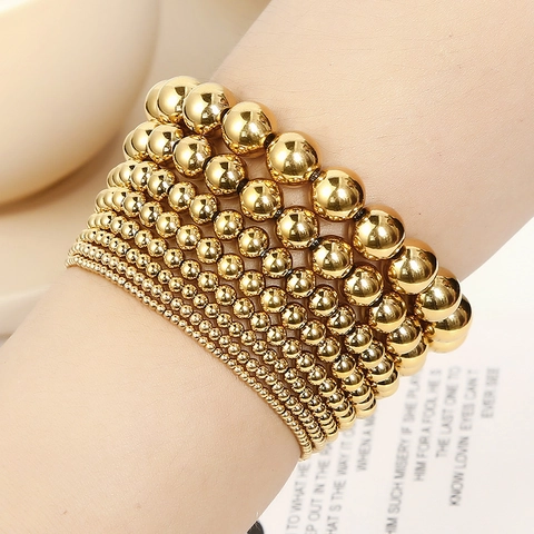 Minimalist Stainless Steel Gold Beaded Bracelet For Women Elastic Chain Fashion Jewelry Accessories For Daily Dating Wear