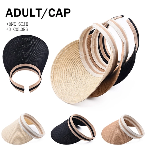 Women Sun Visor Hat Straw Woven Empty Top Striped Wide Brim Beach Outdoor UV Protection Casual Ladies