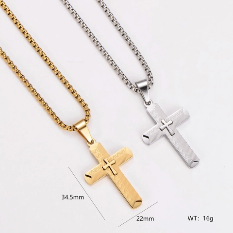 Collar Con Colgante De Cruz De Acero Inoxidable Para Hombre Unisex Doble Capa Joyería Religiosa Oro Color Acero Cadena Box