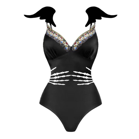 Costume Da Bagno Halloween Donna Gotico Diavolo Intero Con Ali Stampa Zucca Bikini E Gonna Lunga Festa