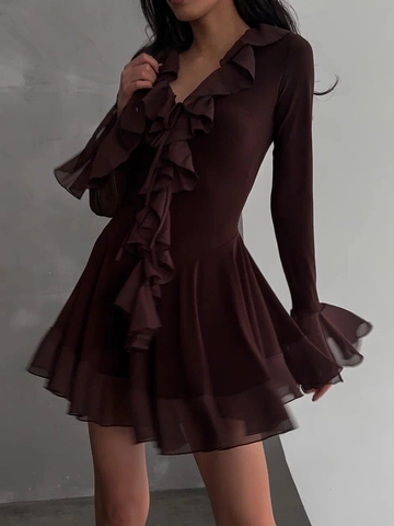 Elegant Deep V Neck Mini Dress Ruffle Trim Flared Sleeve Solid Color Polyester Sexy Women Short Dress