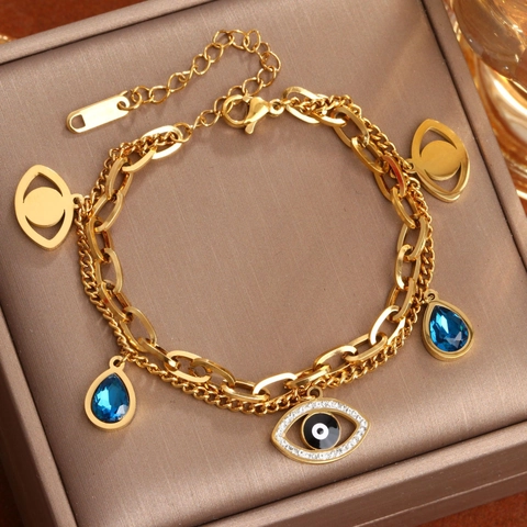 Pulsera de Doble Capa de Acero Inoxidable Ojo del Mal para Mujer Pulsera de Cadena con Strass y Gota Azul Joyería Moda