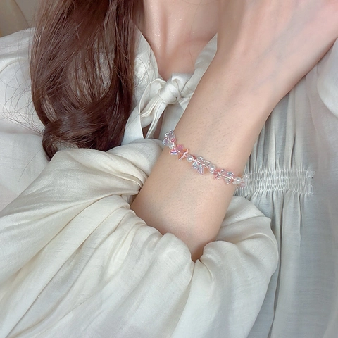 Iridescent Butterfly Imitation Artificial Pearl Bracelet With Adjustable Pink Woven Cord Sweet Handwoven Jewelry Gift For Women Girls