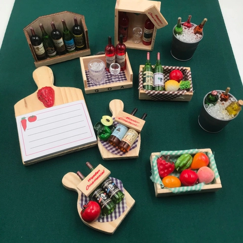 Botellas De Vino Y Frutas Miniatura Imanes De Nevera Madera Resina Adornos 3D Accesorios De Casa De Muñecas Decoración