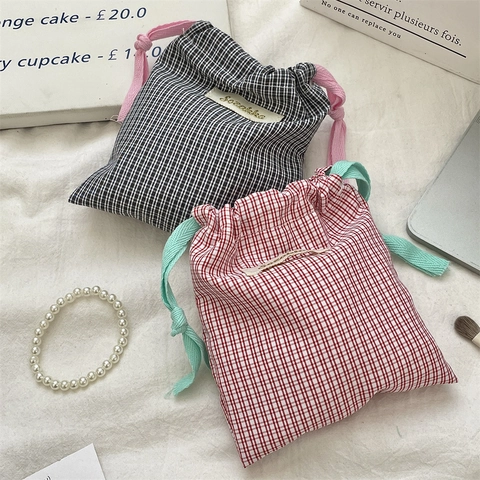 Petit Sac À Cordon Gingham En Coton Pochette Cosmétique Portable Rangement Bijoux Organisateur Voyage À Grille