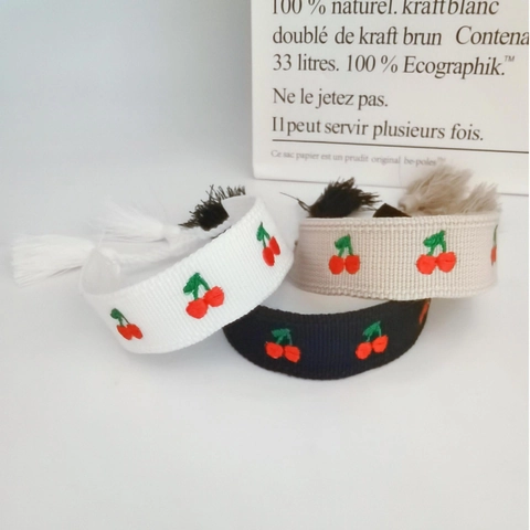 Fashion Embroidered Cherry Braided Bracelet Adjustable Tassel Woven Wristband Small Niche Fabric Hand Jewelry For Women Girls
