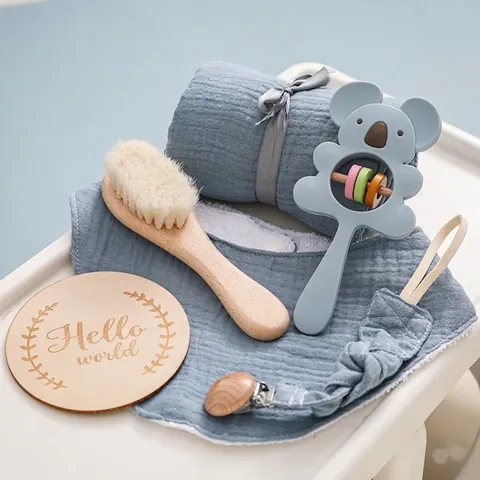 Newborn Baby Gift Box Cotton Muslin Swaddle Blanket Crochet Animal Rattle Wooden Hair Brush Milestone Card Pacifier Clip