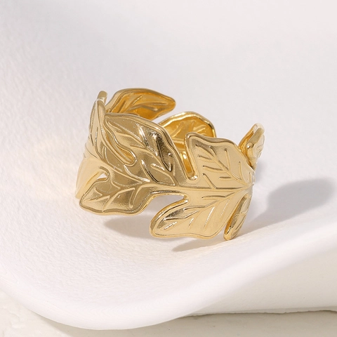 Leaf Ring Stainless Steel Adjustable Open Band Tropical Minimalist Boho Jewelry For Women