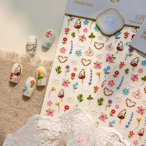 3D Embossed Nail Art Stickers Floral Heart Pattern Adhesive Decals Fresh Flower Secret Realm DIY Manicure Decoration
