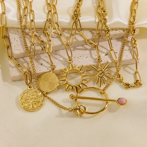 Pendant Necklace Stainless Steel 14K Gold Plated Paperclip Chain Bohemian Sun Tree Of Life Charm For Women
