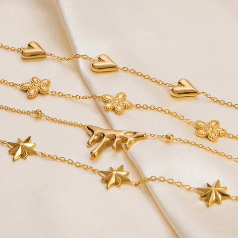 Pulsera Minimalista De Acero Inoxidable Chapada En Oro 18K Para Mujer Estrella Corazón Metal Líquido Dijes Hipoalergénica