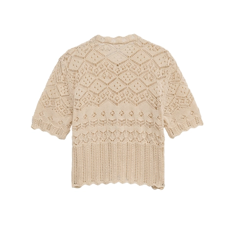 Women Mercerized Cotton Crochet Knit Cardigan Short Sleeve Hollow Out Scalloped Edge Button Up Elegant Retro Top