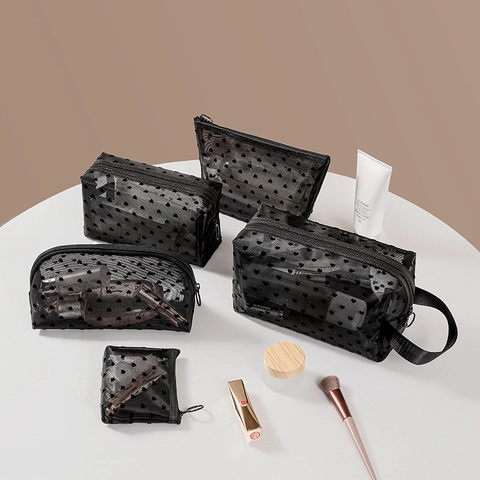 Heart Print Mesh Makeup Bag Transparent Zippered Cosmetic Pouch Travel Storage Organizer Lightweight Portable For Women
