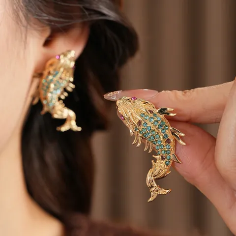 Koi Fish Rhinestone Earrings With Silver Earring Post Vintage Luxury Alloy Animal Jewelry For Women