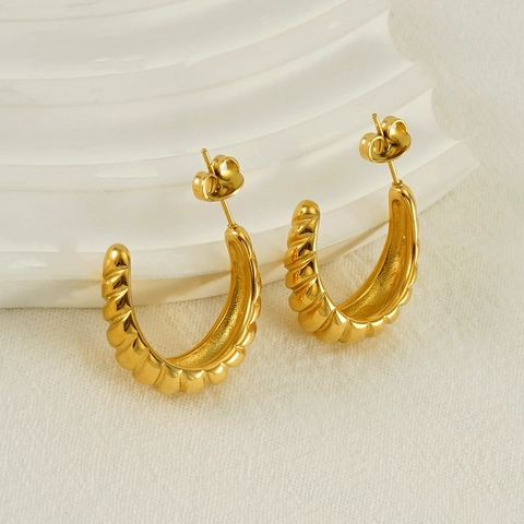 Orecchini A Cerchio Croissant Placcati Oro 18K Acciaio Inossidabile Testurizzato Spirale Forma C Stile Francese Donna