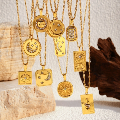 Collana Con Pendente In Acciaio Inossidabile Placcato Oro 18K Sole Luna Stella Serpente Tarot Gioielli Stile Boho Donna