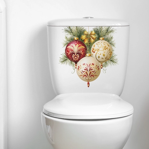 Weihnachts Toilettendeckel Aufkleber PVC Abnehmbare Badezimmer Sticker Bunte Kugel Kiefernzweig Feiertag Haus Dekoration Wandkunst
