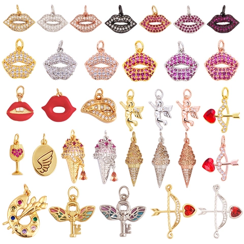 DIY Jewelry Making Pendants Alloy Zircon Charms For Necklace Bracelet Wishbone Lips Angel Cupid Arrow Palette Ice Cream