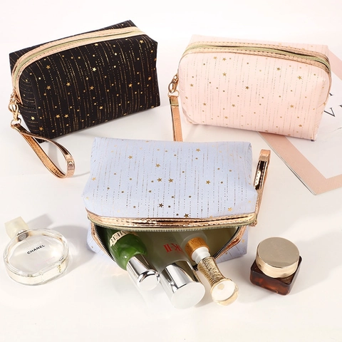 Cosmetic Makeup Bag Portable Travel Wash Pouch Polyester Gold Stamping Star Pattern Zipper Closure With Wristlet Strap