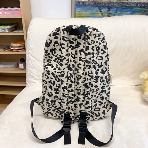 Modieuze Rugzak Met Luipaardprint Van Corduroy Voor Dames Grote Capaciteit Retro Street Style Schooltas