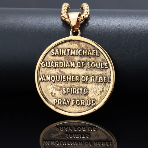 Collar Con Colgante De San Miguel Arcángel Acero Inoxidable Medallón Religioso Relieve Grabado Joyería Punk Para Hombre