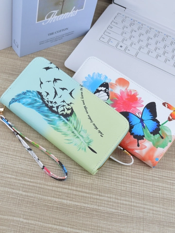 Women Long Zipper Wallet PU Leather Printed Butterfly Tree Of Life Design Phone Holder Clutch Purse Wristlet Strap